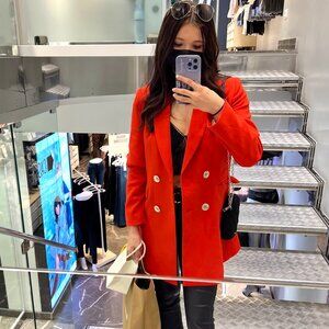Bright Red ZARA Double-Breasted long blazer